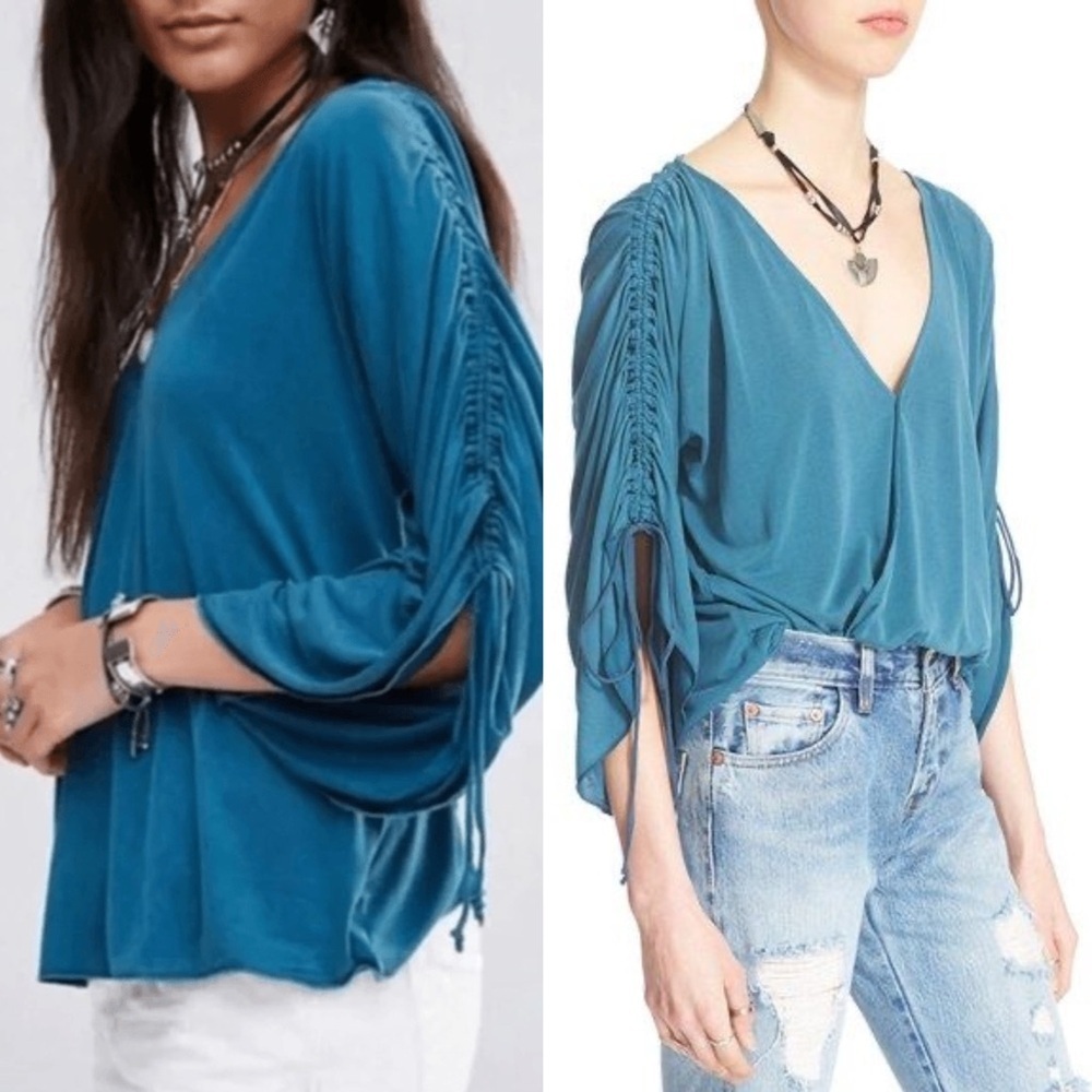 Free People Teal Salt N Peppa Boho Strappy Ruched Sleeve Modal Blend Top Size XS